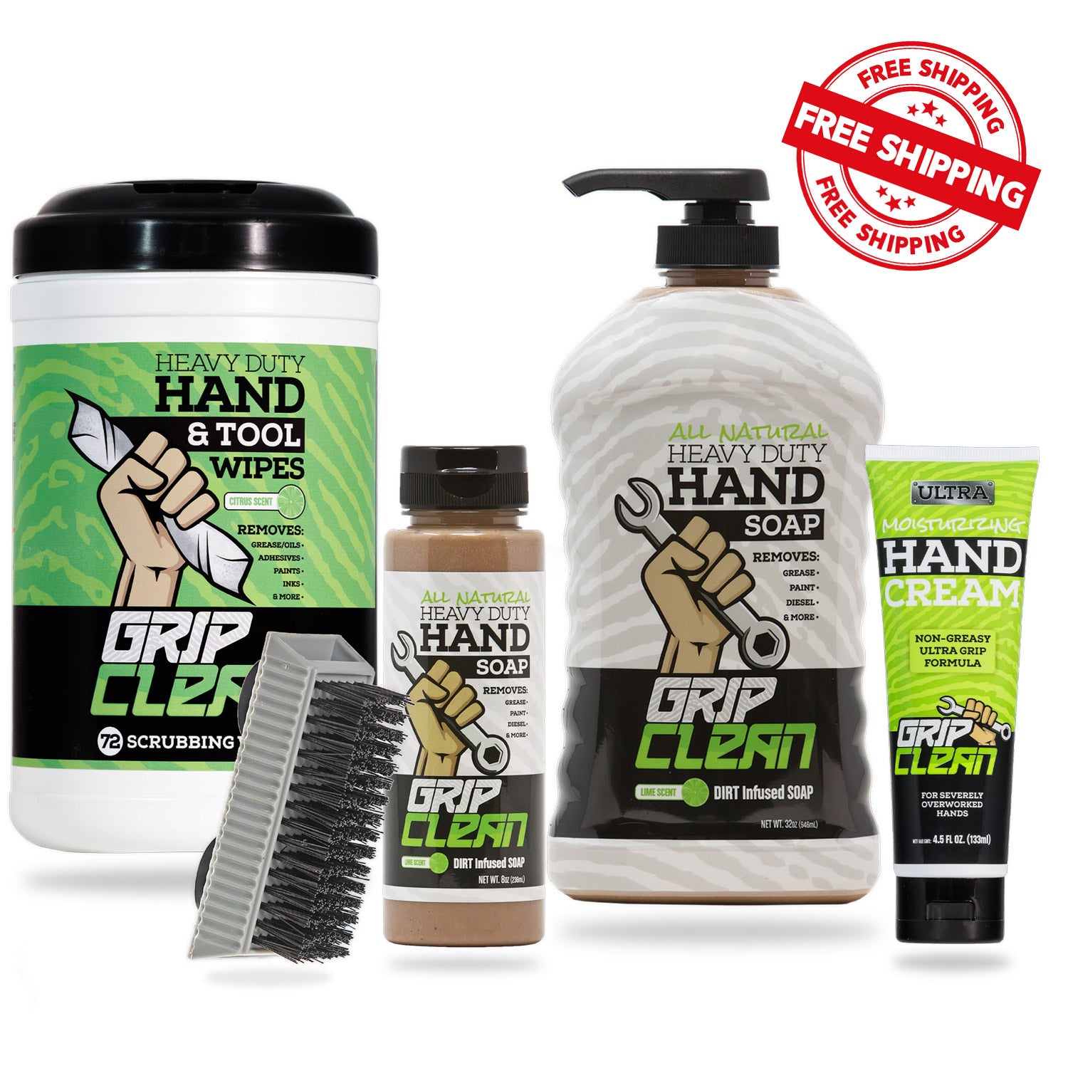 Grip Clean Combo  Heavy-Duty Degreaser Hand Cleaner & Nail Brush Set –  Tackle Grease, Oil